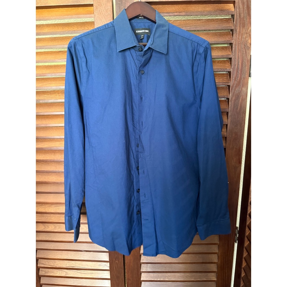 Express 1MX Extra Slim Fit Navy Blue Stretch Button Down Shirt Mens L 16-16.5